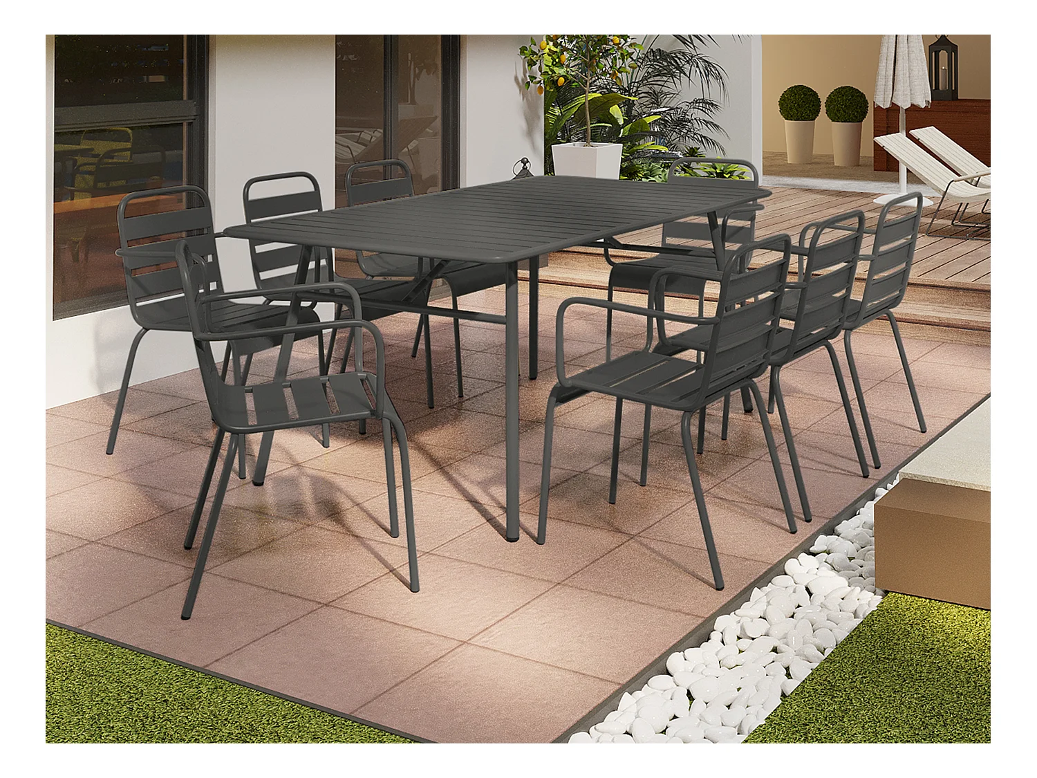 Set da pranzo da giardino in metallo - un tavolo L.200 cm e 8 sedie impilabili - Grigio scuro - MIRMANDE di MYLIA