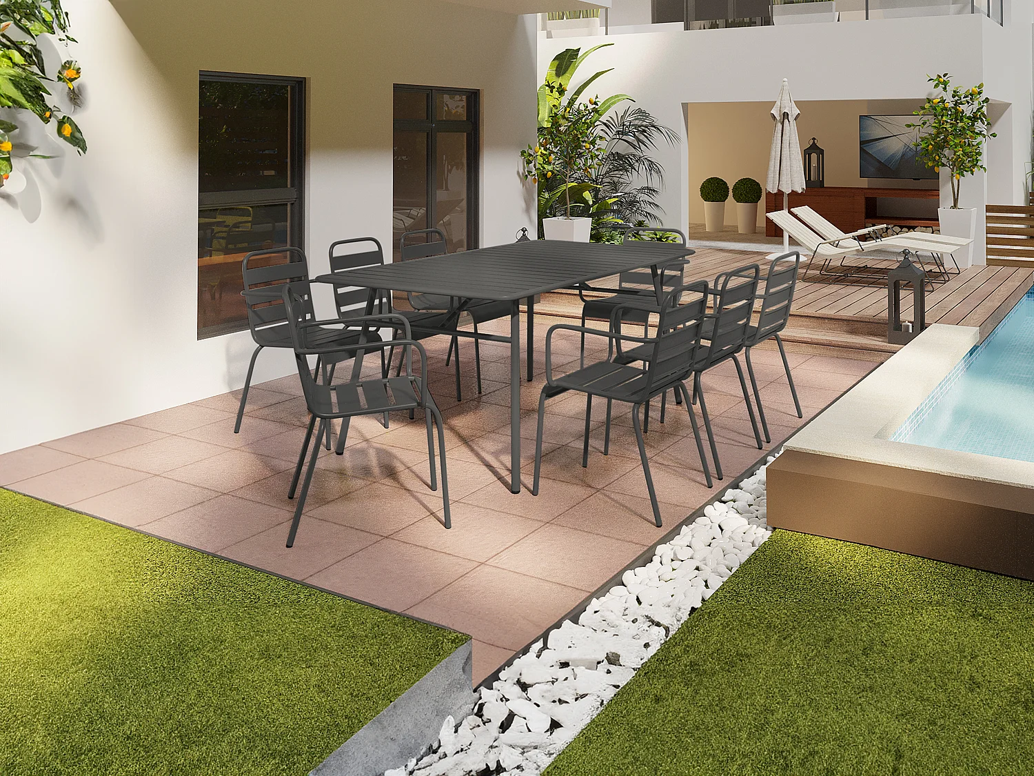 Garten-Essgruppe: Tisch L. 200 cm + 8 stapelbare Sessel - Metall - Anthrazitgrau - MIRMANDE von MYLIA