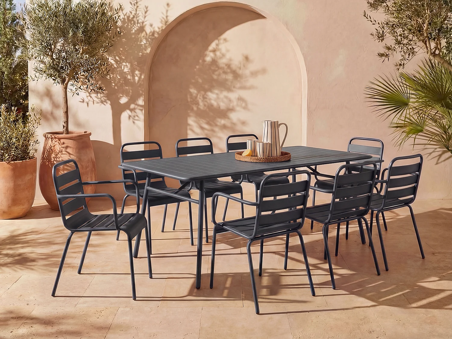 Metal garden dining set - one W.200 cm table and 8 stackable armchairs - Anthracite grey - MIRMANDE by MYLIA