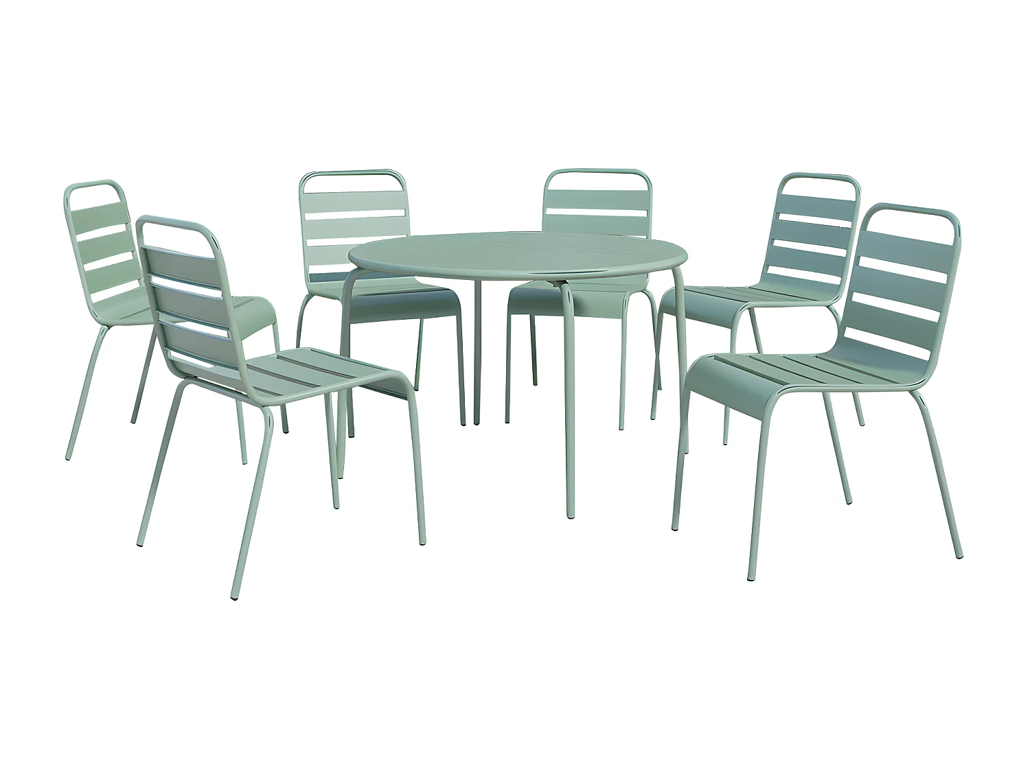 Salle à manger de jardin en métal - une table ronde D.130cm et 6 chaises empilables - Vert amande - MIRMANDE de MYLIA
