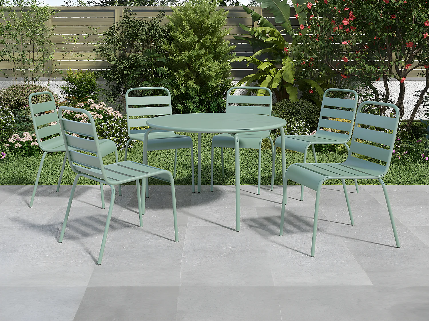 Salle à manger de jardin en métal - une table ronde D.130cm et 6 chaises empilables - Vert amande - MIRMANDE de MYLIA