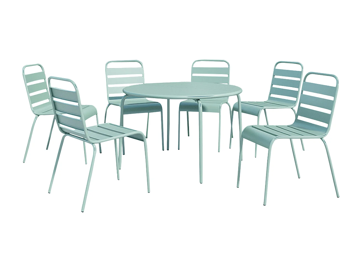 Salle à manger de jardin en métal - une table ronde D.130cm et 6 chaises empilables - Vert amande - MIRMANDE de MYLIA