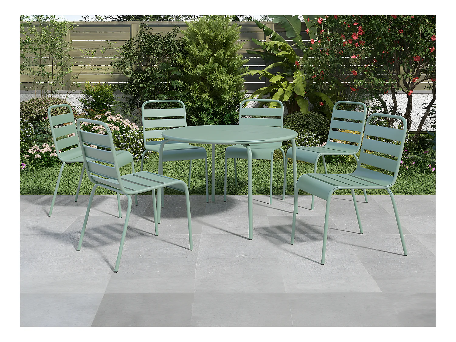 Salle à manger de jardin en métal - une table ronde D.130cm et 6 chaises empilables - Vert amande - MIRMANDE de MYLIA