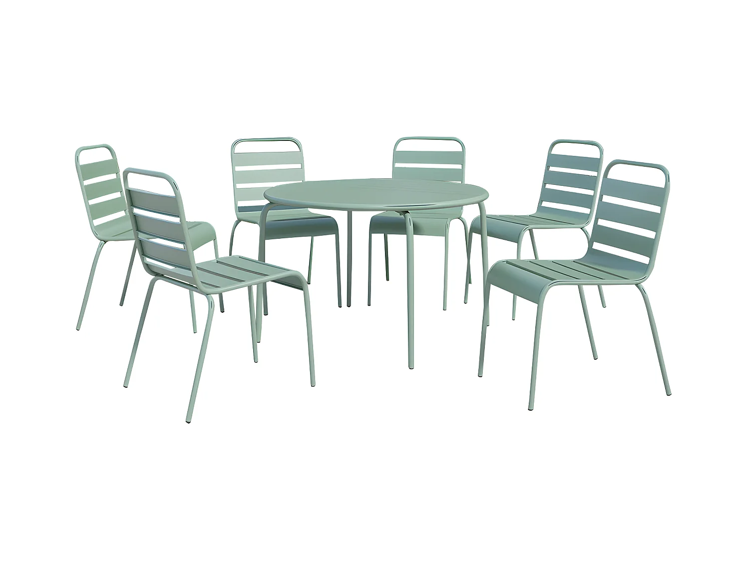 Garten-Essgruppe: Tisch rund D. 130 cm + 6 stapelbare Stühle - Metall - Mandelgrün - MIRMANDE von MYLIA