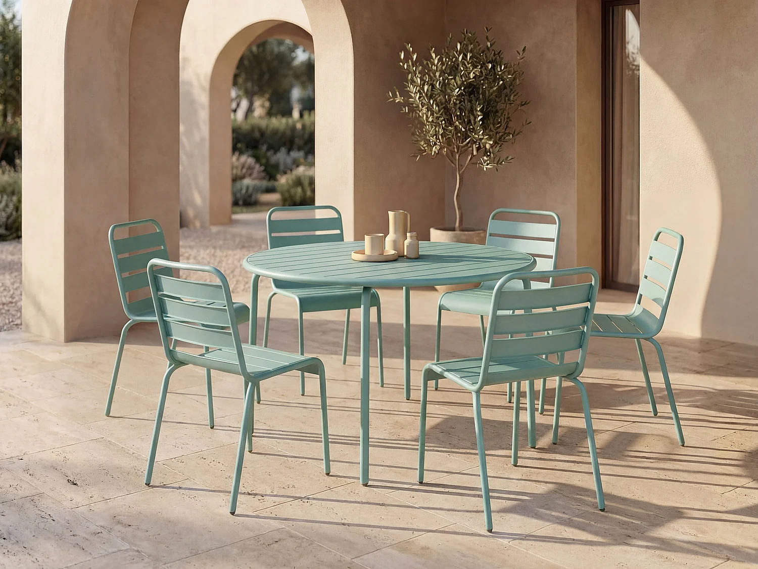 Salle à manger de jardin en métal - une table ronde D.130cm et 6 chaises empilables - Vert amande - MIRMANDE de MYLIA