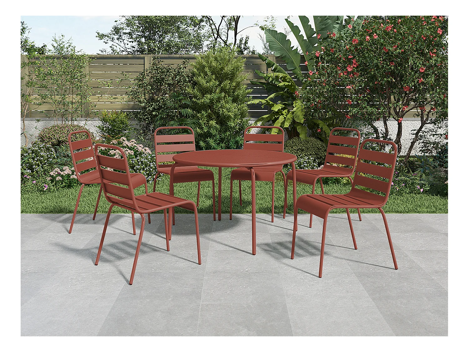 Garten-Essgruppe: Tisch rund D. 130 cm + 6 stapelbare Stühle - Metall - Terracotta - MIRMANDE von MYLIA