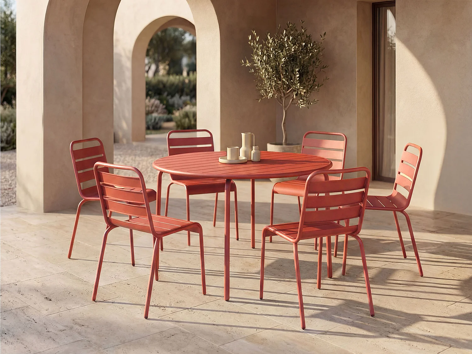 Salle à manger de jardin en métal - une table ronde D.130cm et 6 chaises empilables - Terracotta - MIRMANDE de MYLIA