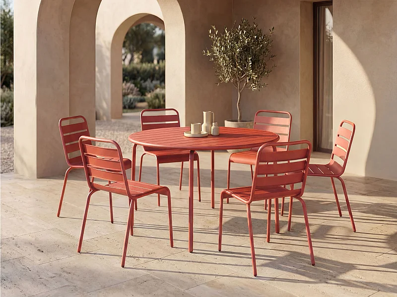 Tuineethoek van metaal - Een ronde tafel D130 cm en 6 opstapelbare stoelen - Terracotta - MIRMANDE van MYLIA