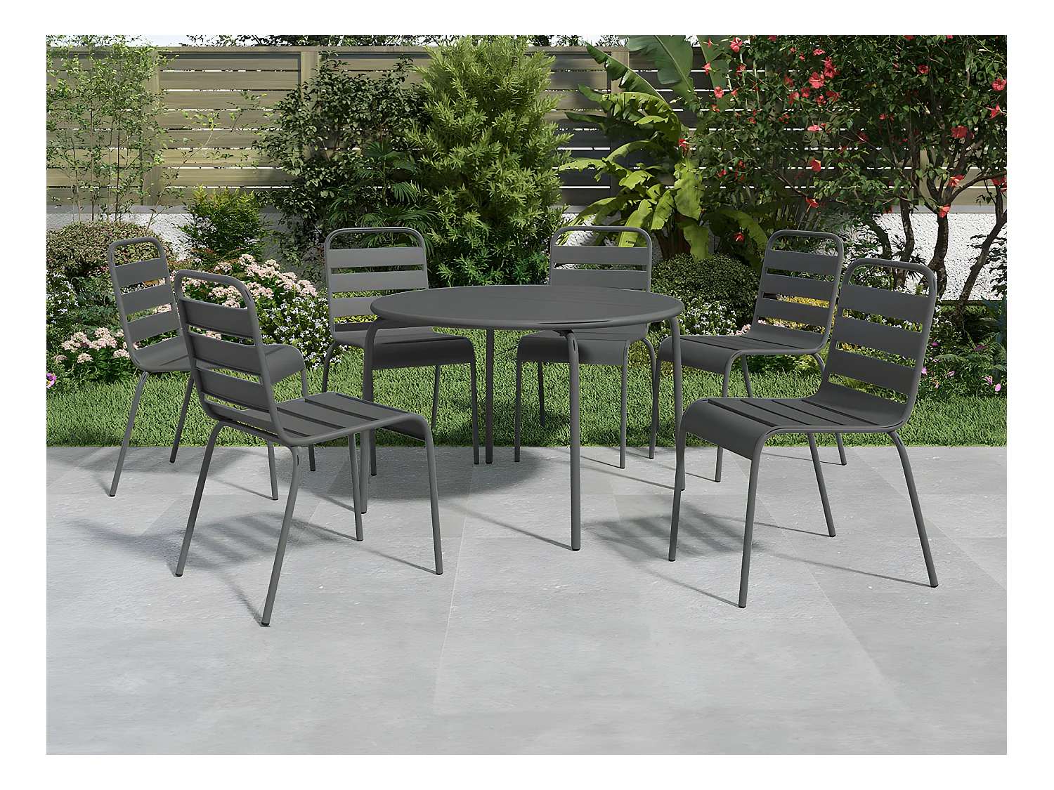 Tuineethoek van metaal - Een ronde tafel D130 cm en 6 opstapelbare stoelen - Donkergrijs - MIRMANDE van MYLIA