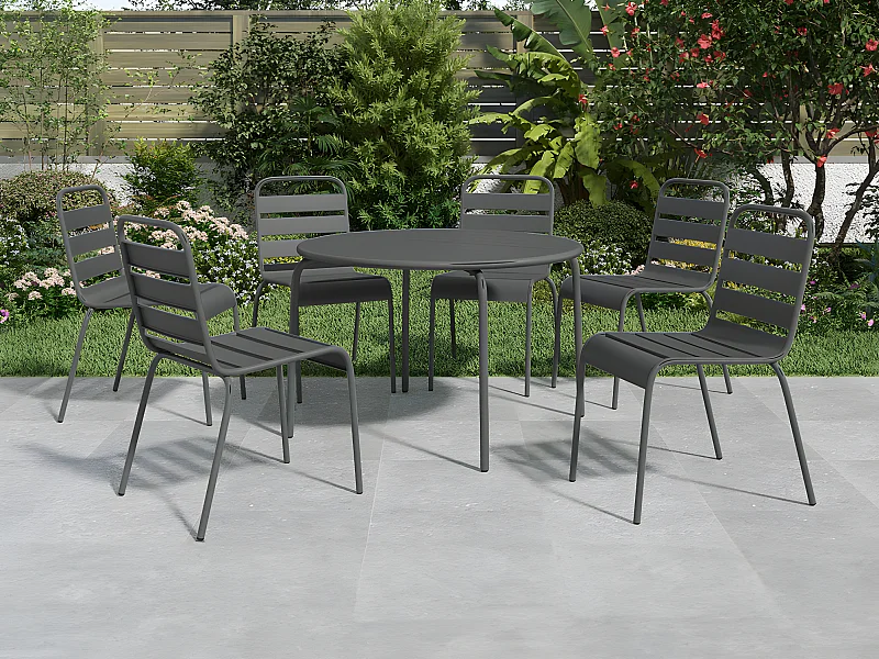 Salle à manger de jardin en métal - une table ronde D.130cm et 6 chaises empilables - Gris anthracite - MIRMANDE de MYLIA