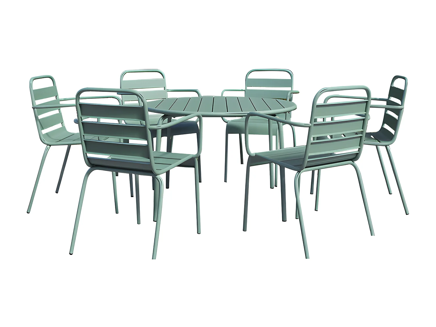 Garten-Essgruppe: Tisch rund D. 130 cm + 6 stapelbare Sessel - Metall - Mandelgrün - MIRMANDE von MYLIA