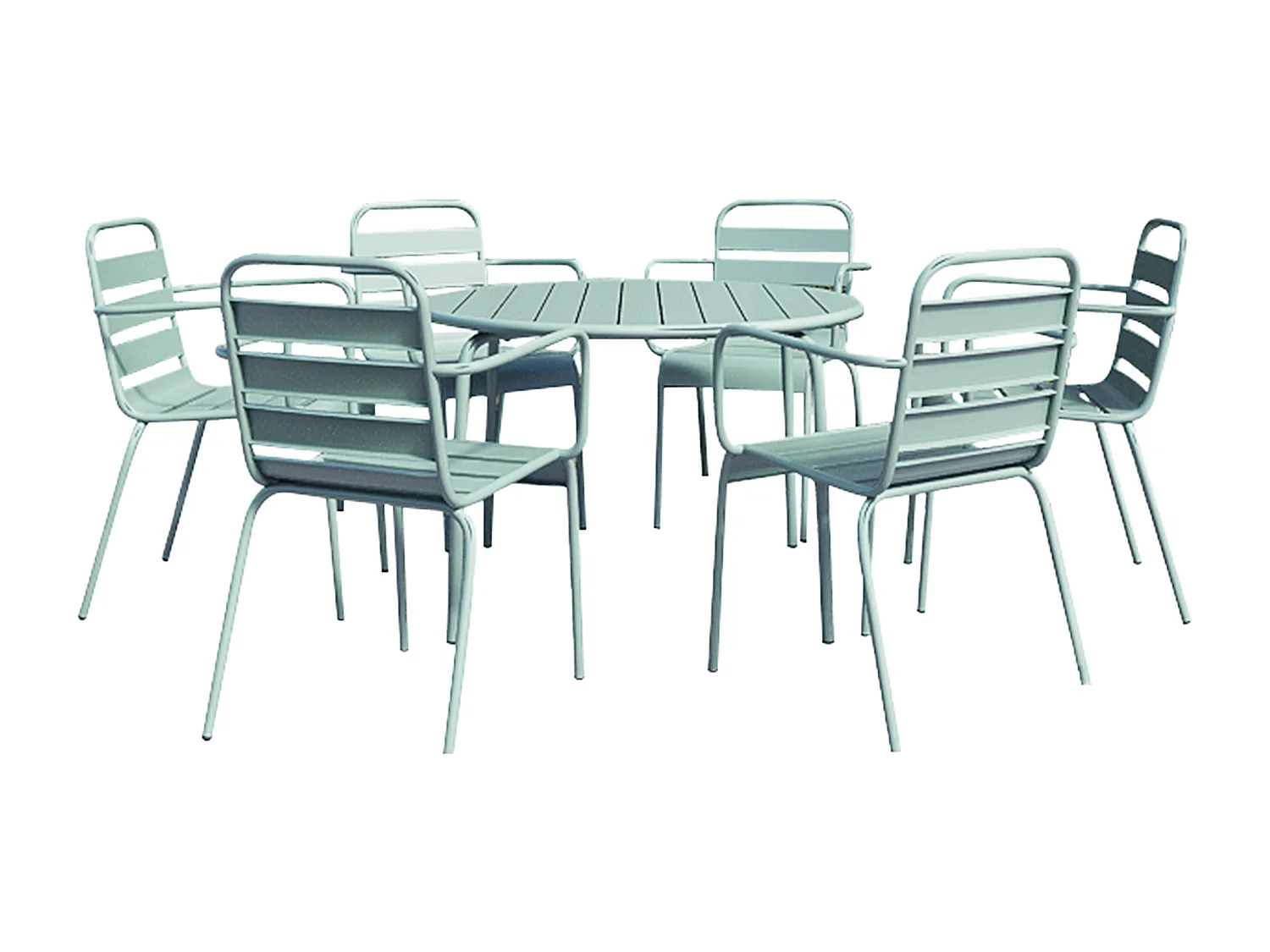 Conjunto de jantar de jardim metal, uma mesa redonda D.130 cm e 6 cadeirões empilháveis verde amêndoa - MIRMANDE de MYLIA