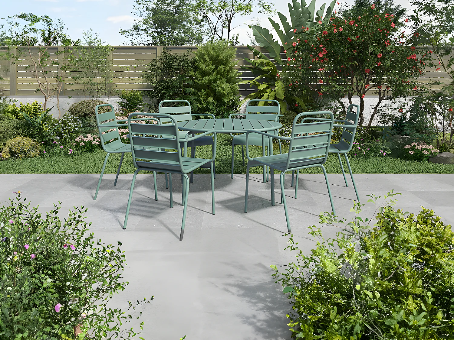 Garten-Essgruppe: Tisch rund D. 130 cm + 6 stapelbare Sessel - Metall - Mandelgrün - MIRMANDE von MYLIA