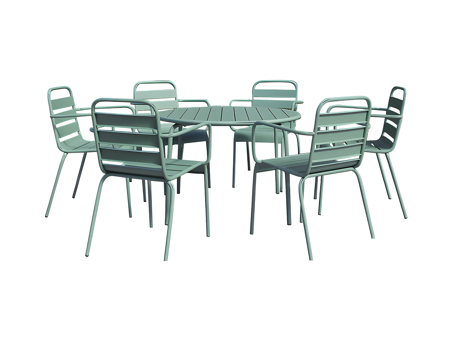 Salle à manger de jardin en métal - une table ronde D.130cm et 6 fauteuils empilables - Vert amande - MIRMANDE de MYLIA