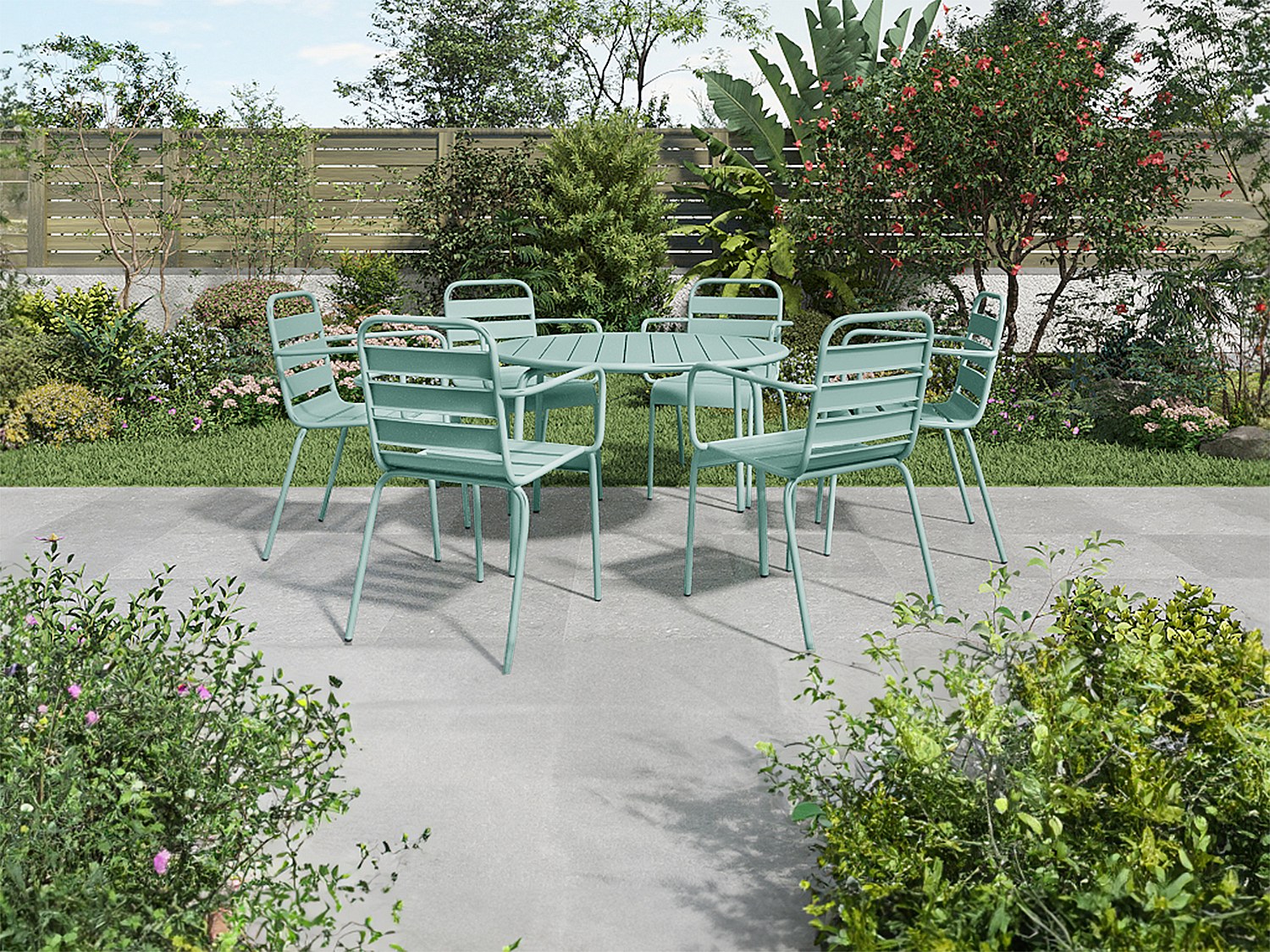 Vente-unique Garten-Essgruppe, Tisch Rund D. 130 Cm + 6 Stapelbare Sessel - Metall - Mandelgrün - Mirmande Von Mylia