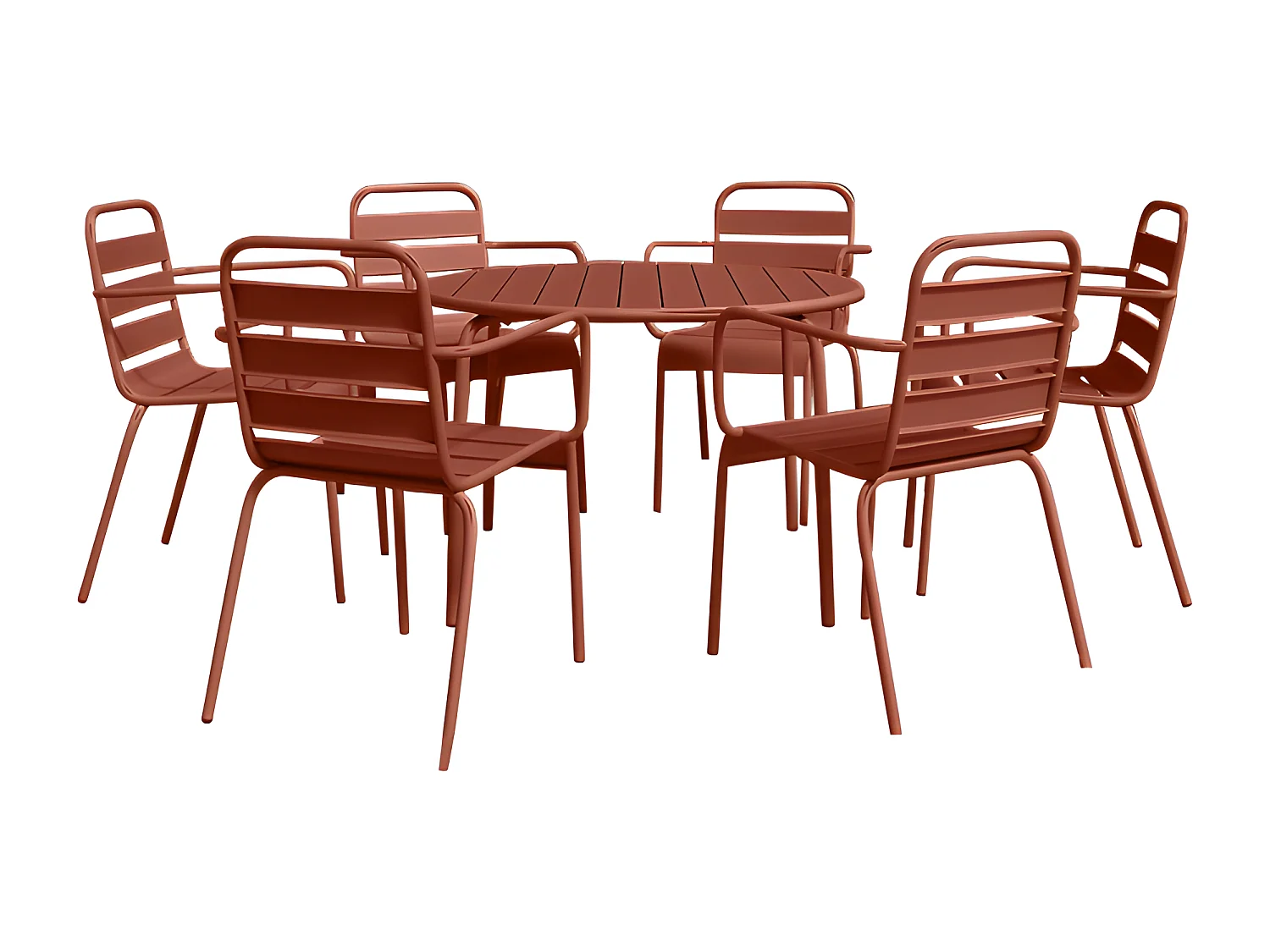 Salle à manger de jardin en métal - une table ronde D.130cm et 6 fauteuils empilables - Terracotta - MIRMANDE de MYLIA