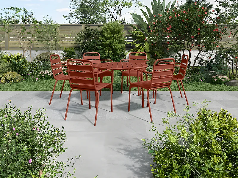 Garten-Essgruppe: Tisch rund D. 130 cm + 6 stapelbare Sessel - Metall - Terracotta - MIRMANDE von MYLIA