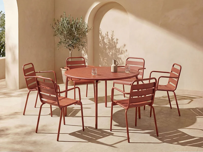 Sala da pranzo da giardino tavolo tondo D.130cm e 6 poltrone impilabili Metallo Terracotta - MIRMANDE di MYLIA