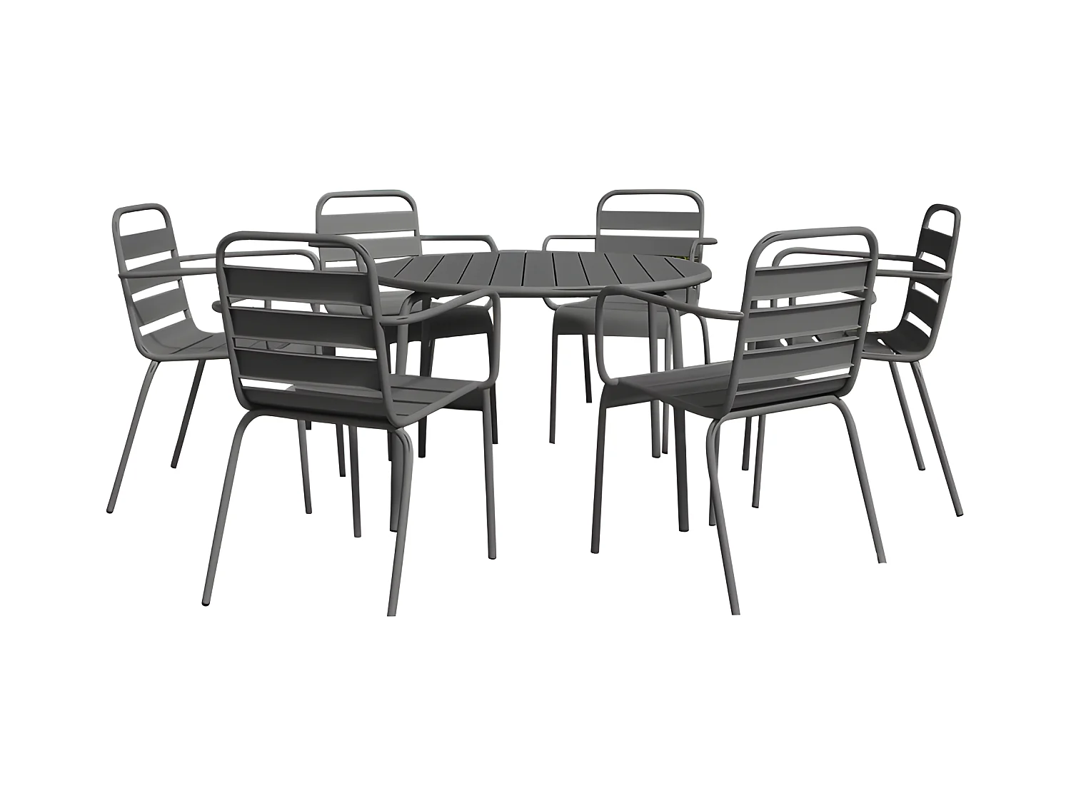 Salle à manger de jardin en métal - une table ronde D.130cm et 6 fauteuils empilables - Gris anthracite - MIRMANDE de MYLIA