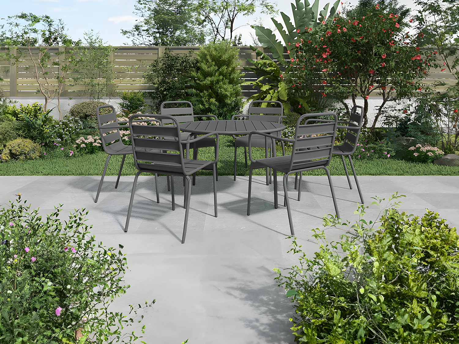 Salle à manger de jardin en métal - une table ronde D.130cm et 6 fauteuils empilables - Gris anthracite - MIRMANDE de MYLIA