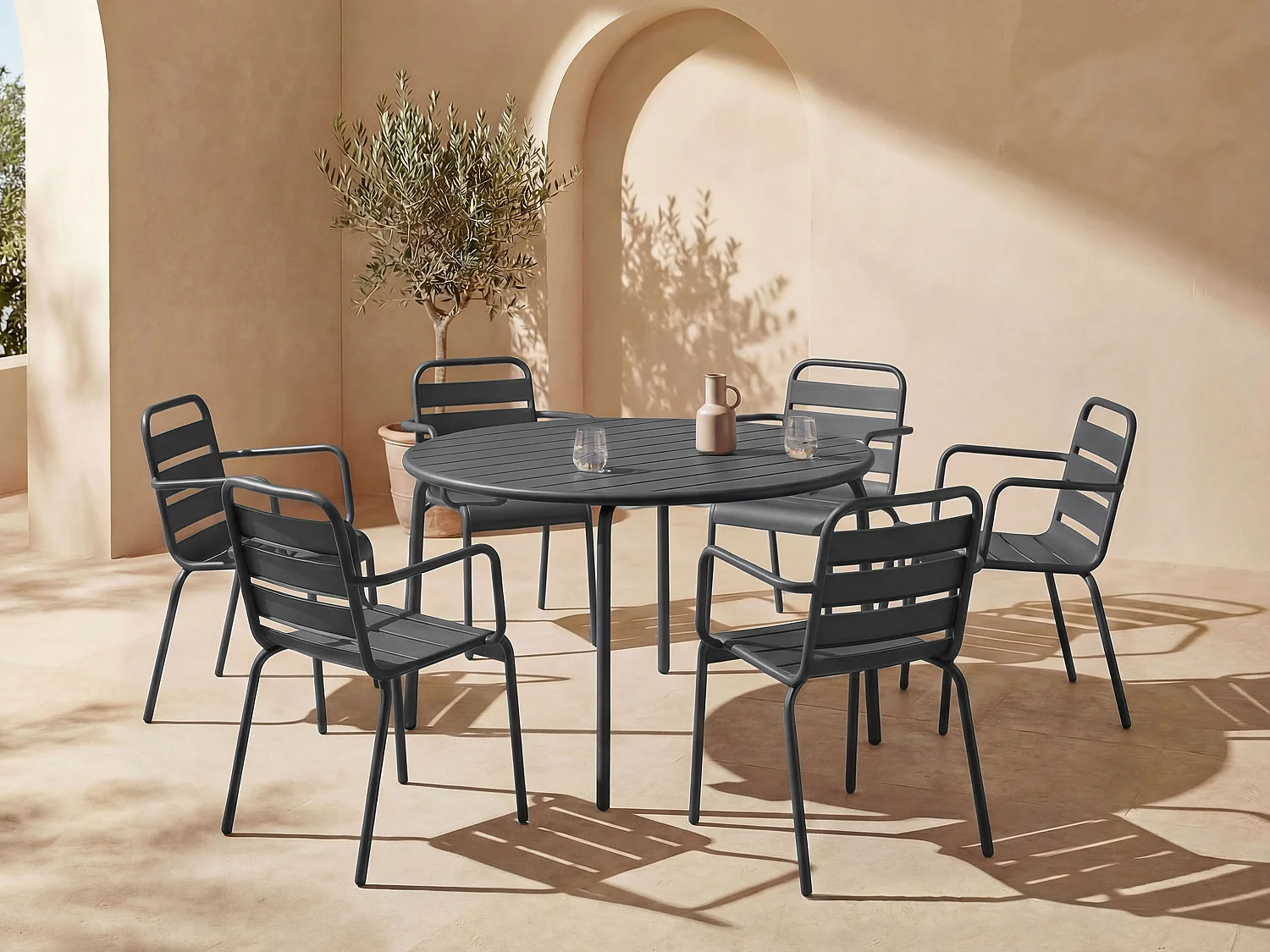 Metal garden dining set - one round table D.130 cm and 6 stackable armchairs - Anthracite grey - MIRMANDE by MYLIA
