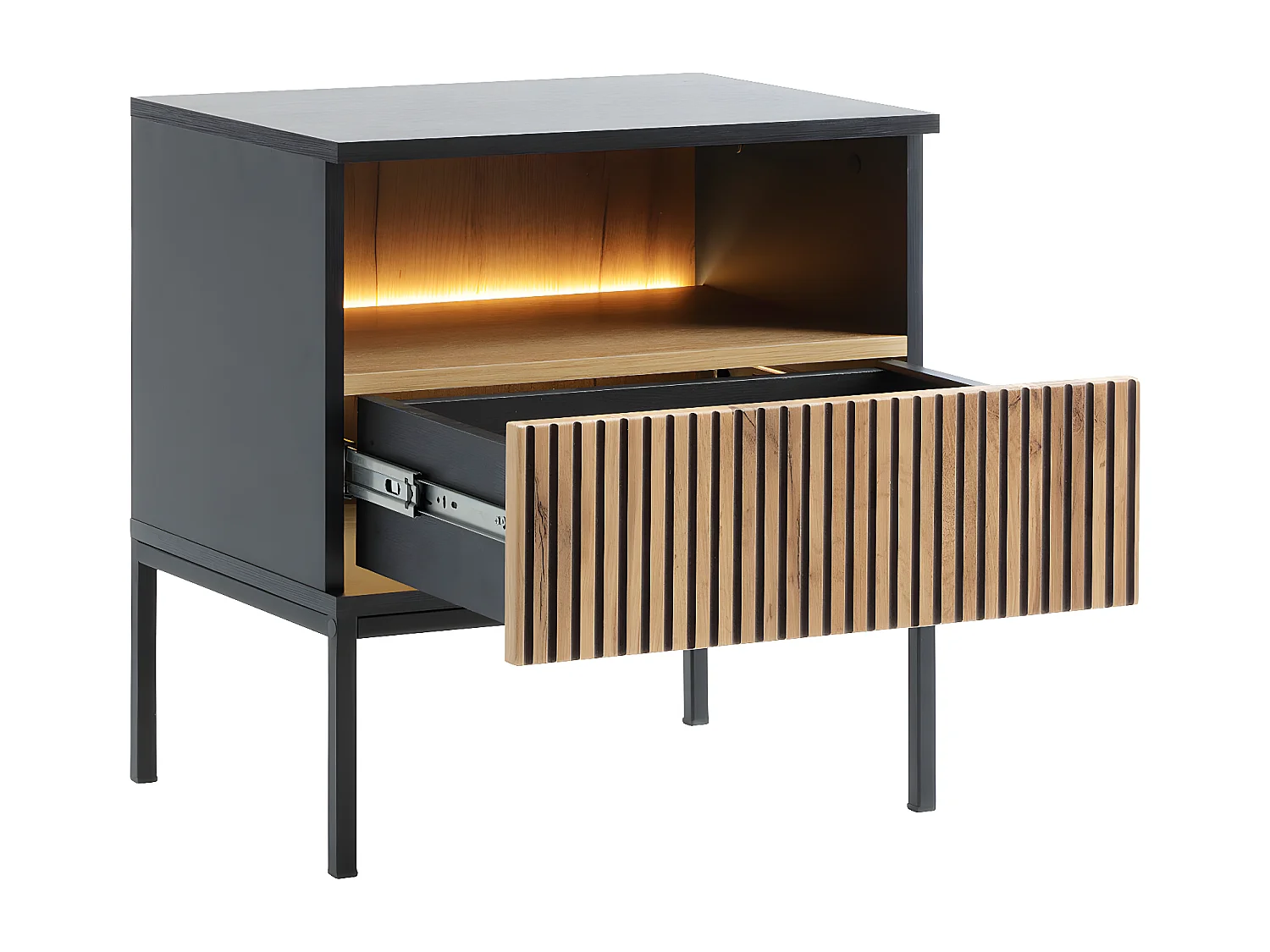 Conjunto de 2 mesas de cabeceira com 1 gaveta e 1 nicho, com LEDs, preto e natural - OVILA