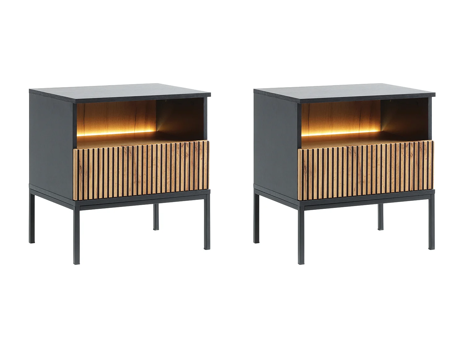 Conjunto de 2 mesas de cabeceira com 1 gaveta e 1 nicho, com LEDs, preto e natural - OVILA