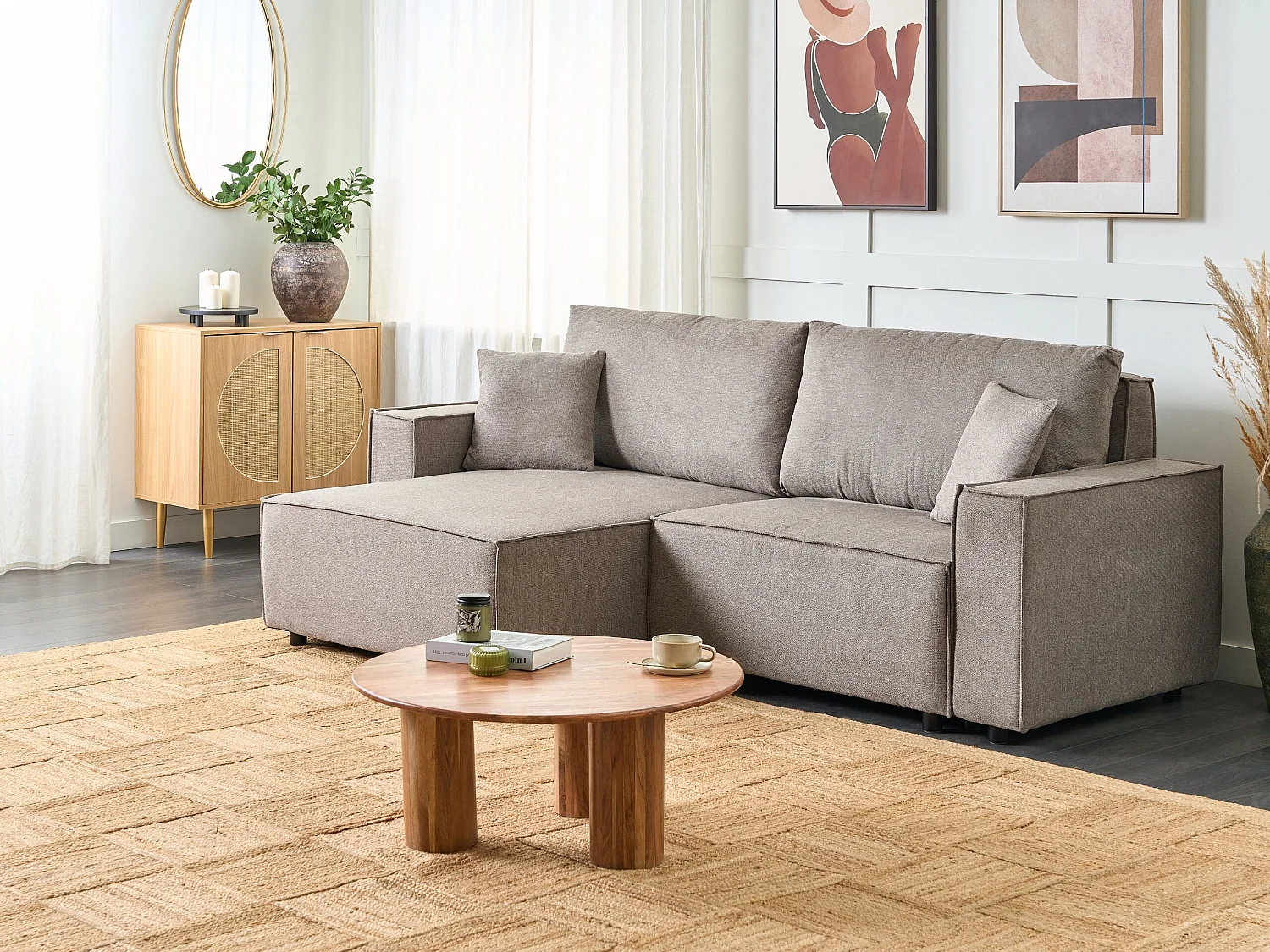 Canapé d'Angle à Droite Moderne Fonction Couchage Dossier Rembourré avec Coussins en Tissu Polyester Taupe Karila