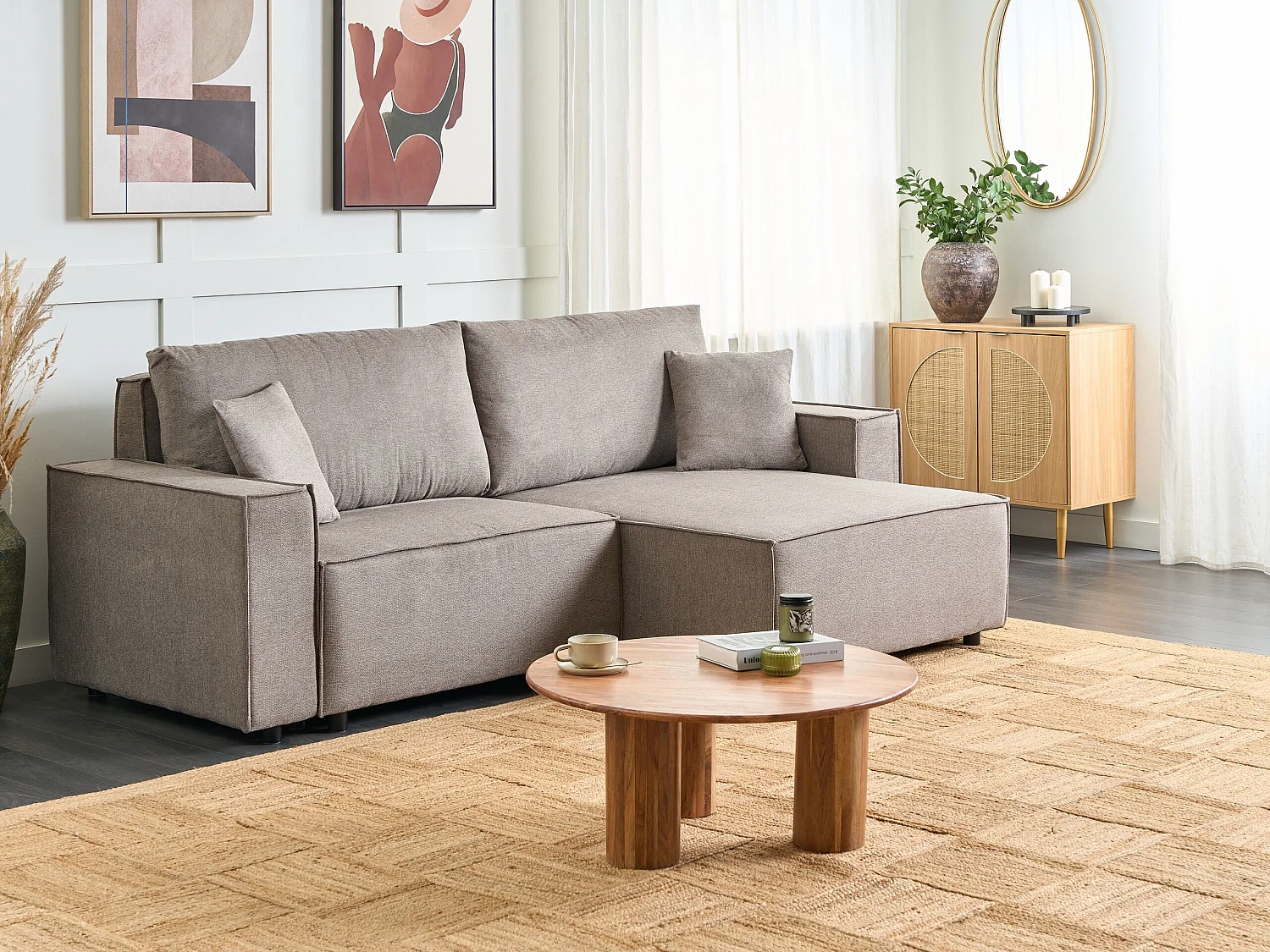 3-Sitzer Ecksofa beige taupe links mit Recamiere Schlaffunktion Stauraum Karila