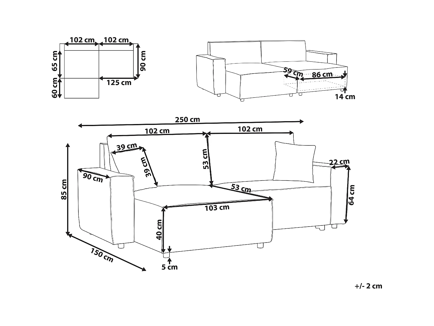 3-Sitzer Ecksofa grau rechts mit Chaiselongue Schlaffunktion Stauraum Karila