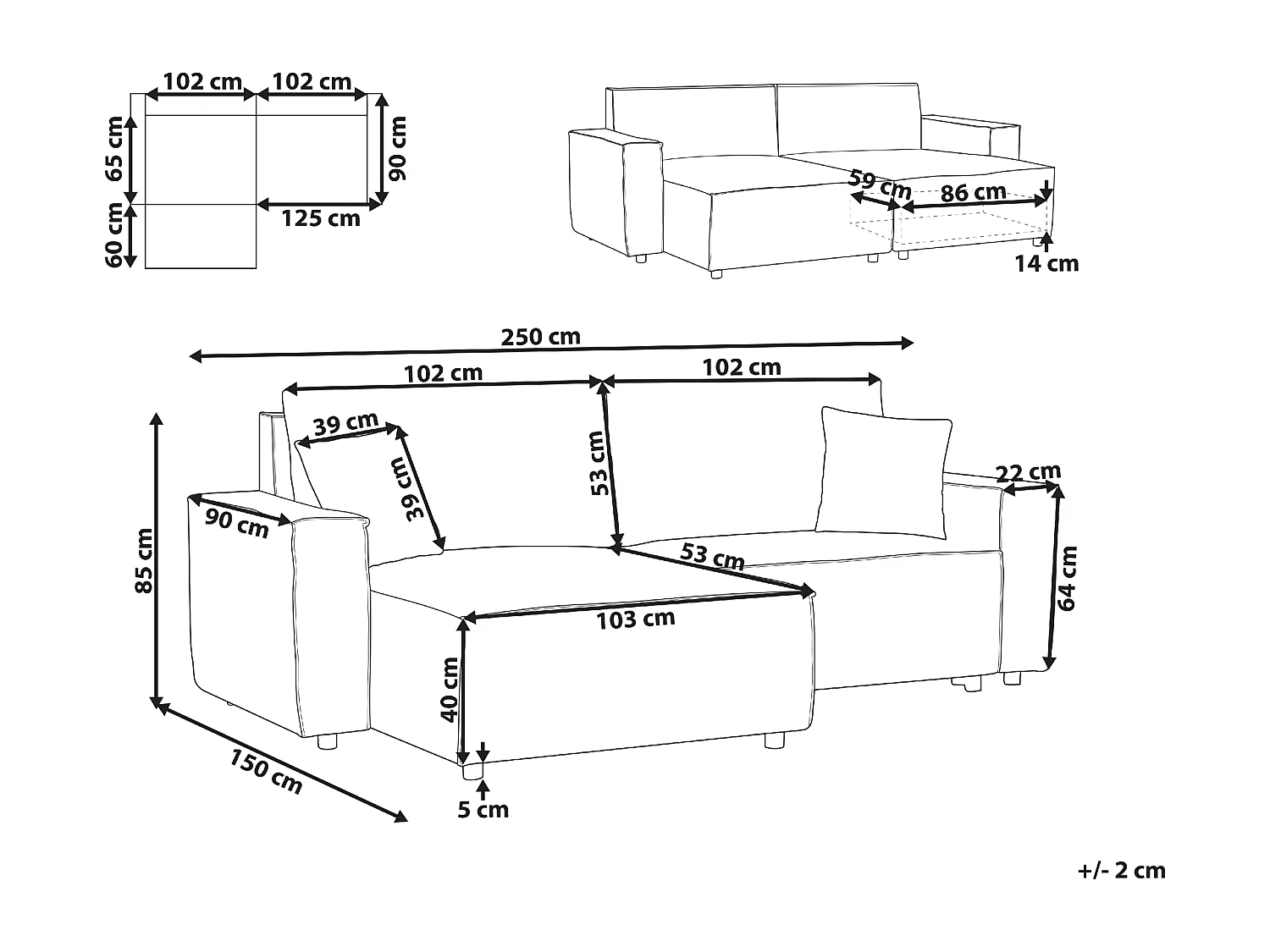 3-Sitzer Ecksofa grau rechts mit Chaiselongue Schlaffunktion Stauraum Karila
