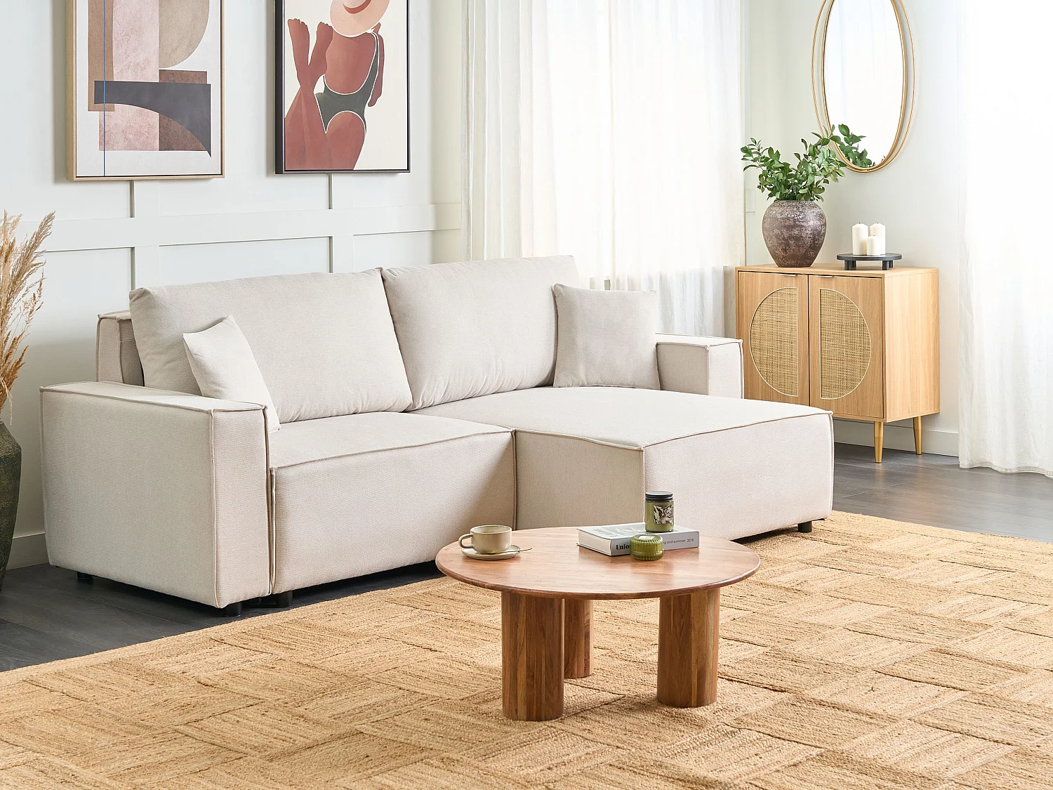 3-Sitzer Ecksofa beige links mit Chaiselongue Schlaffunktion Stauraum Karila