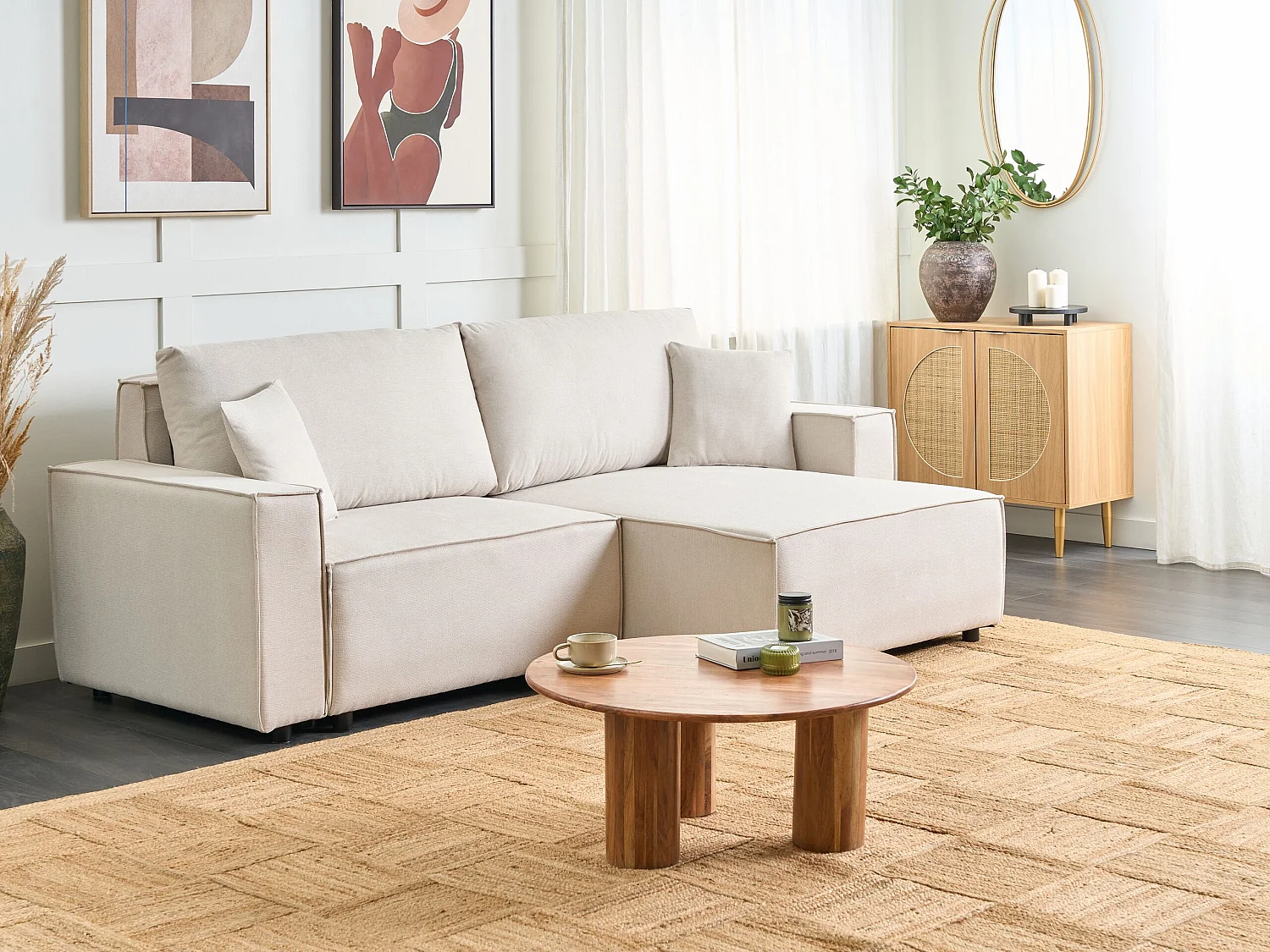 Divano letto KARILA Tessuto Beige chiaro con contenitore 3 posti Lato Sinistro