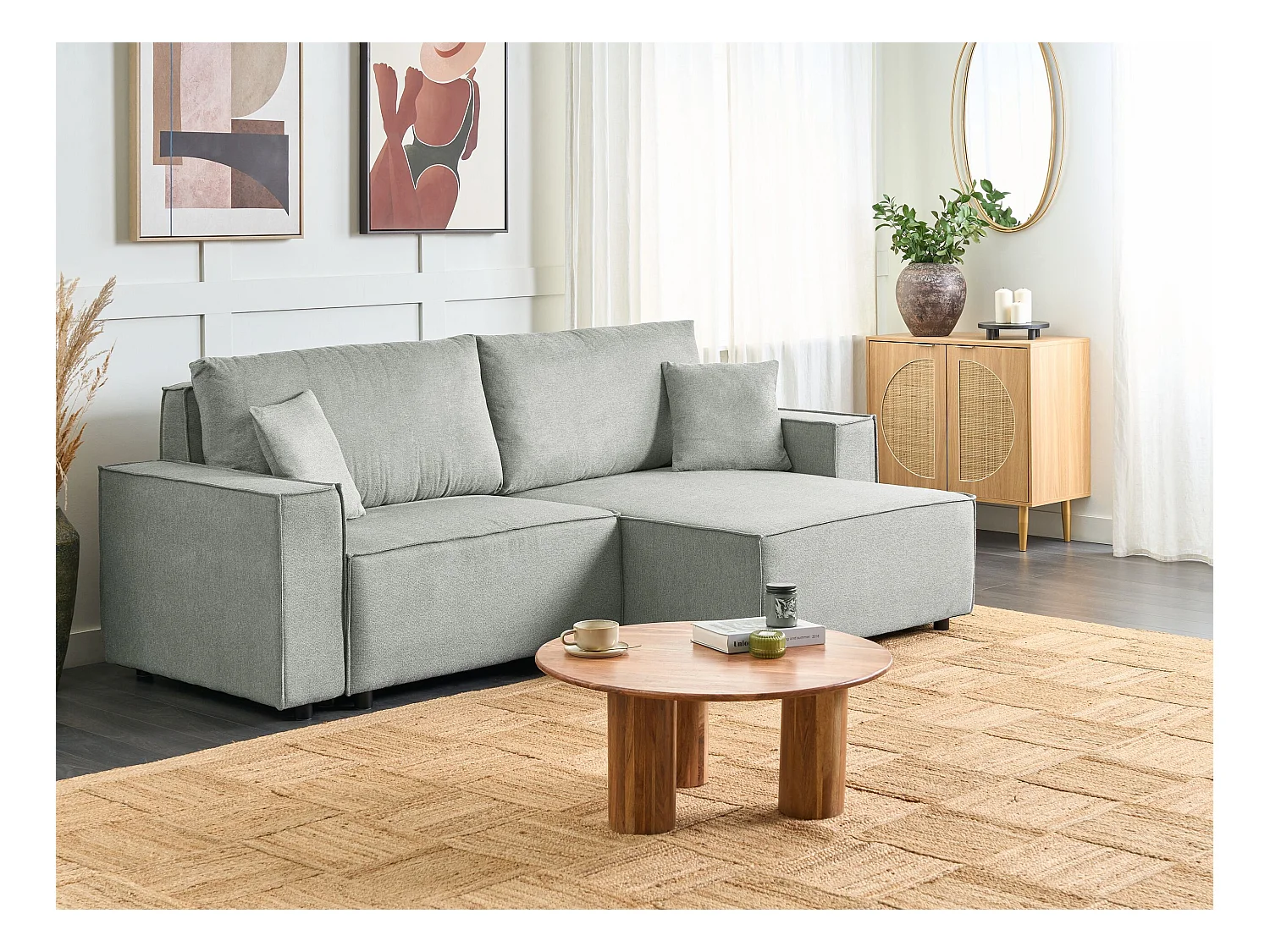 Canapé d'Angle à droite Moderne Fonction Couchage Dossier Rembourré avec Coussins en Tissu Polyester Gris Karila