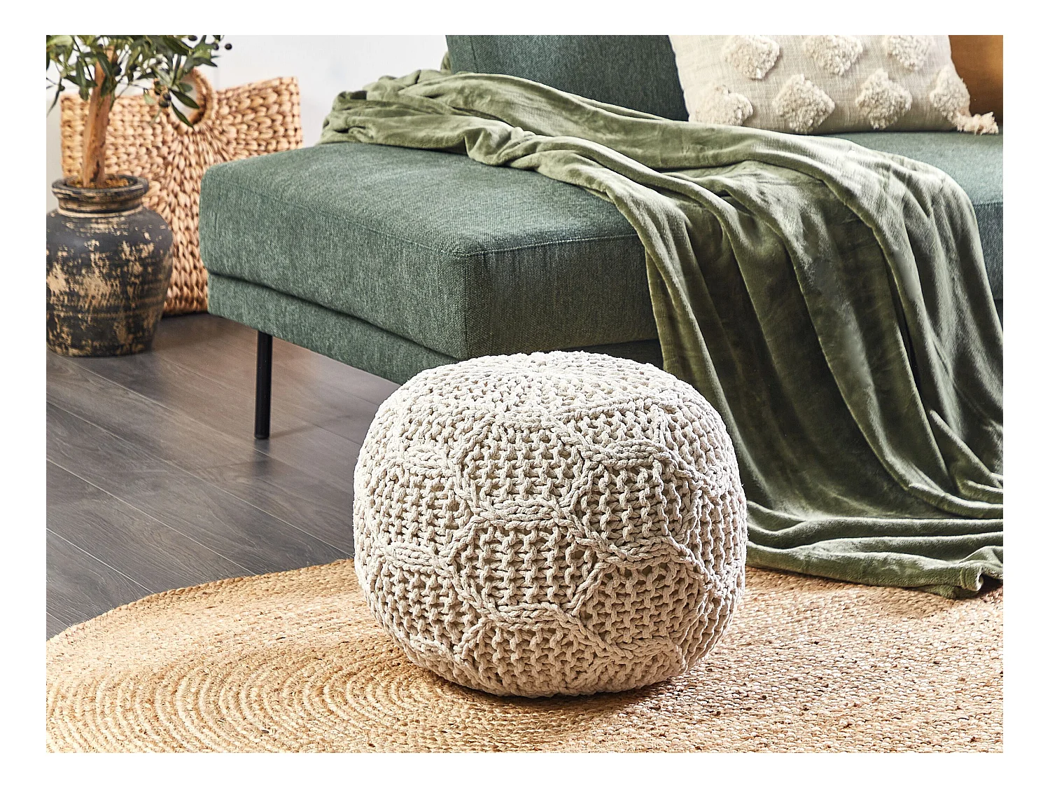 Pouf Macramé TRIMAN Coton Beige clair
