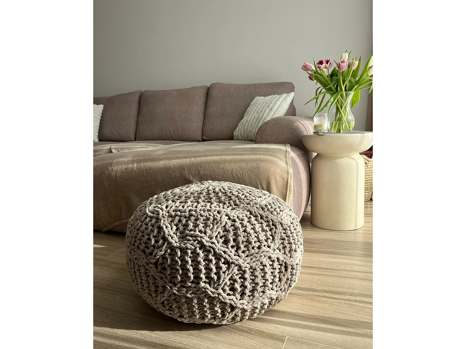 Pouf Macramé TRIMAN Coton Taupe 50 cm 50 cm 35 cm