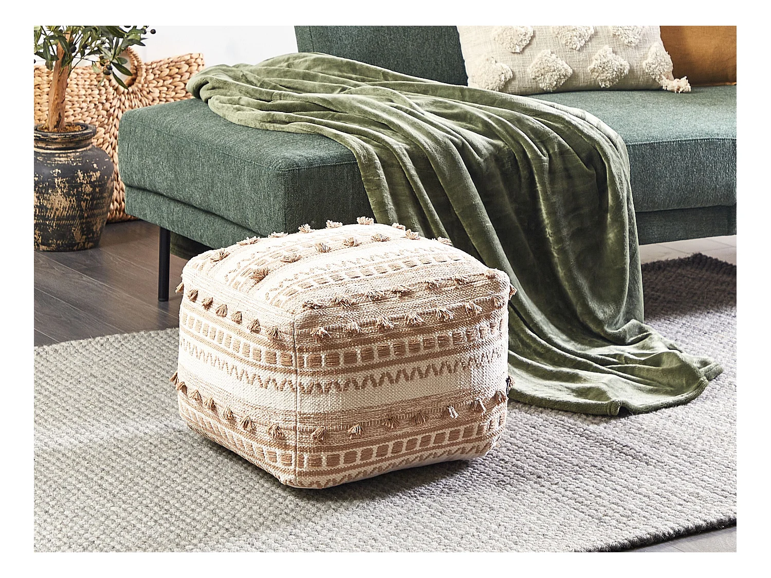 Quadratischer Pouf Fußhocker mit EPS-Füllung Abnehmbarer Bezug Baumwollgewebe Beige Karaw