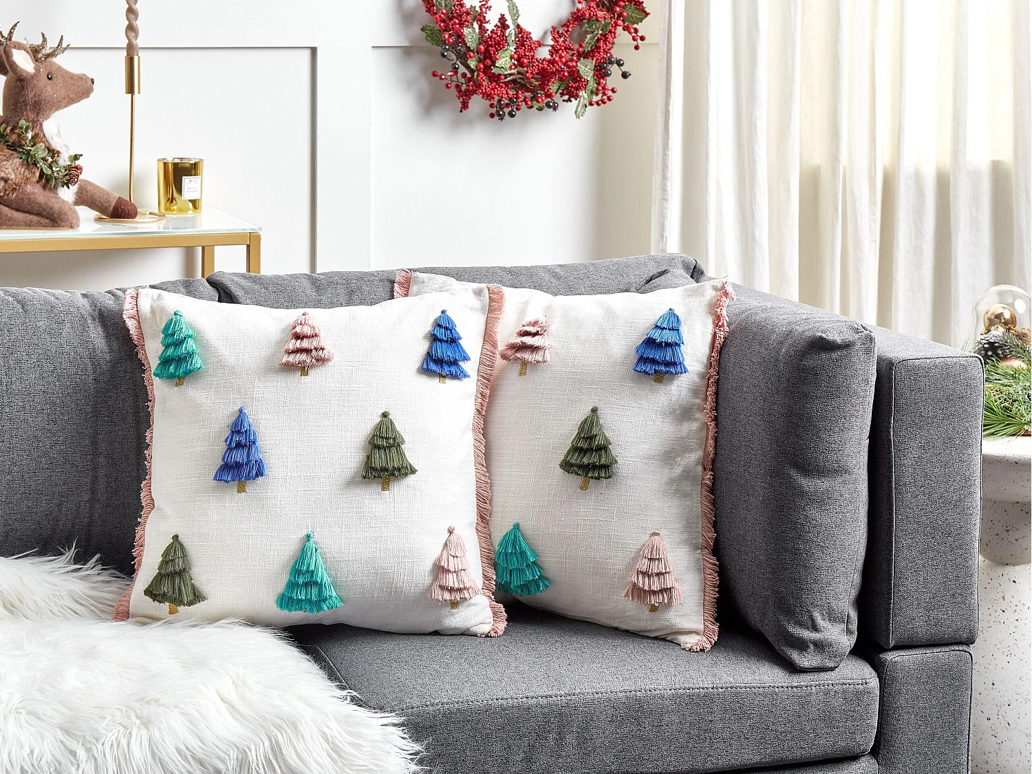 Dekokissen 2er Set SKIMMIA Baumwolle 45 x 45 cm Weiss Weihnachtsmotiv