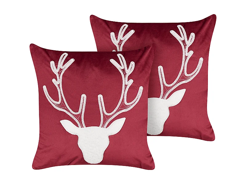 Dekokissen 2er Set Samt rot mit Füllung 45x45 cm Tiermotiv Rentier Bicocca