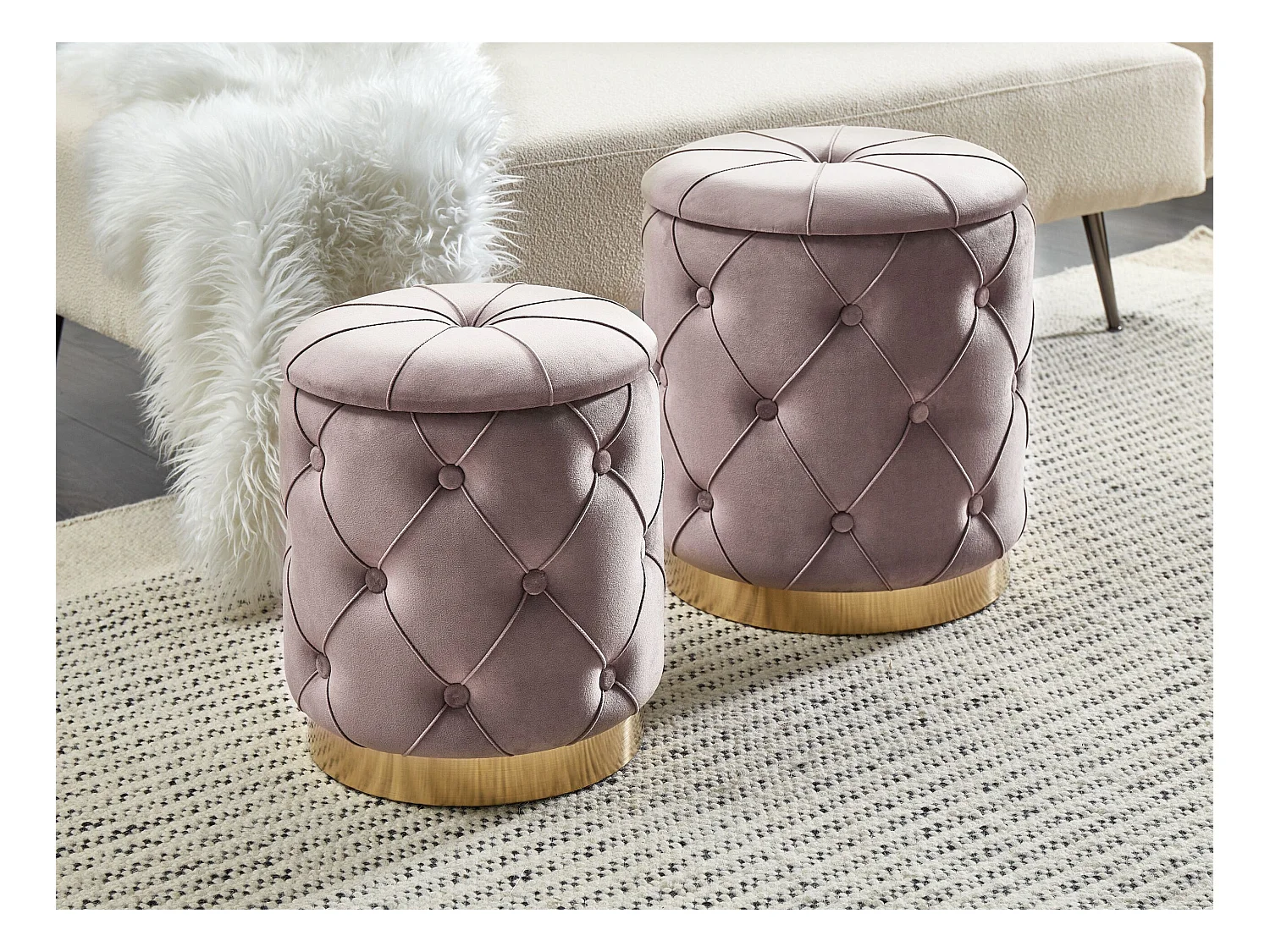 Pouf mit Stauraum 2er Set PUEBLO Samtstoff Taupe 40/33 cm 40/33 cm 44/36 cm