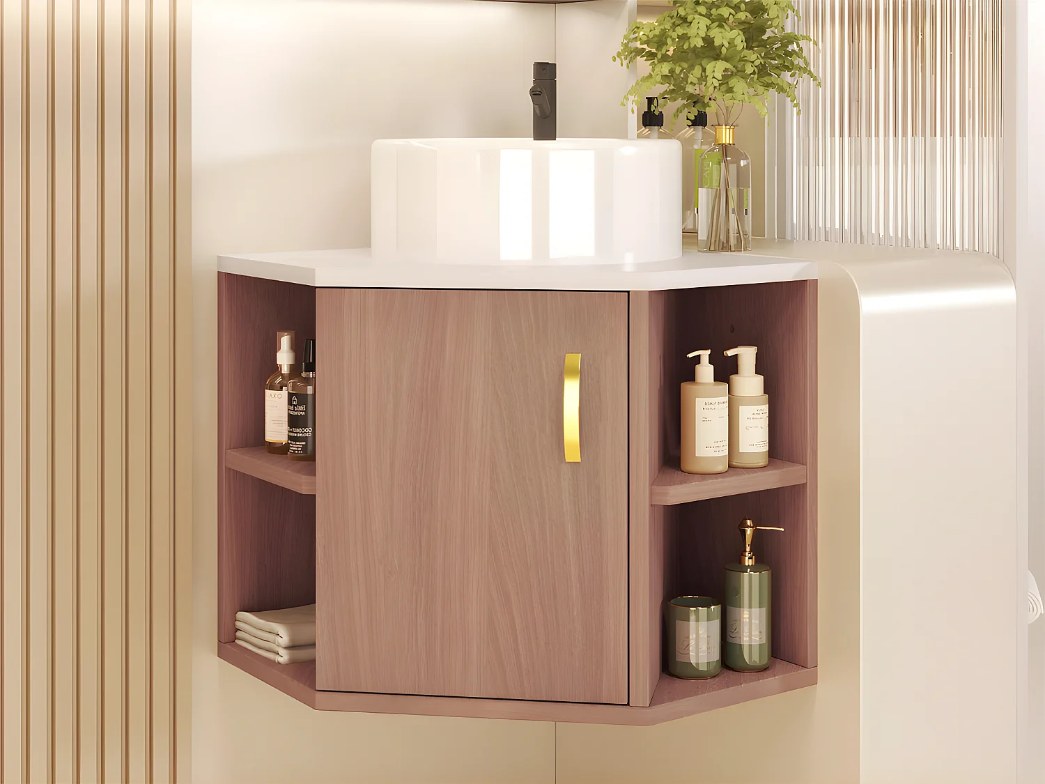 Mobile bagno sospeso con lavabo in ceramica - piani in marmo - Marrone (rubinetto non incluso)