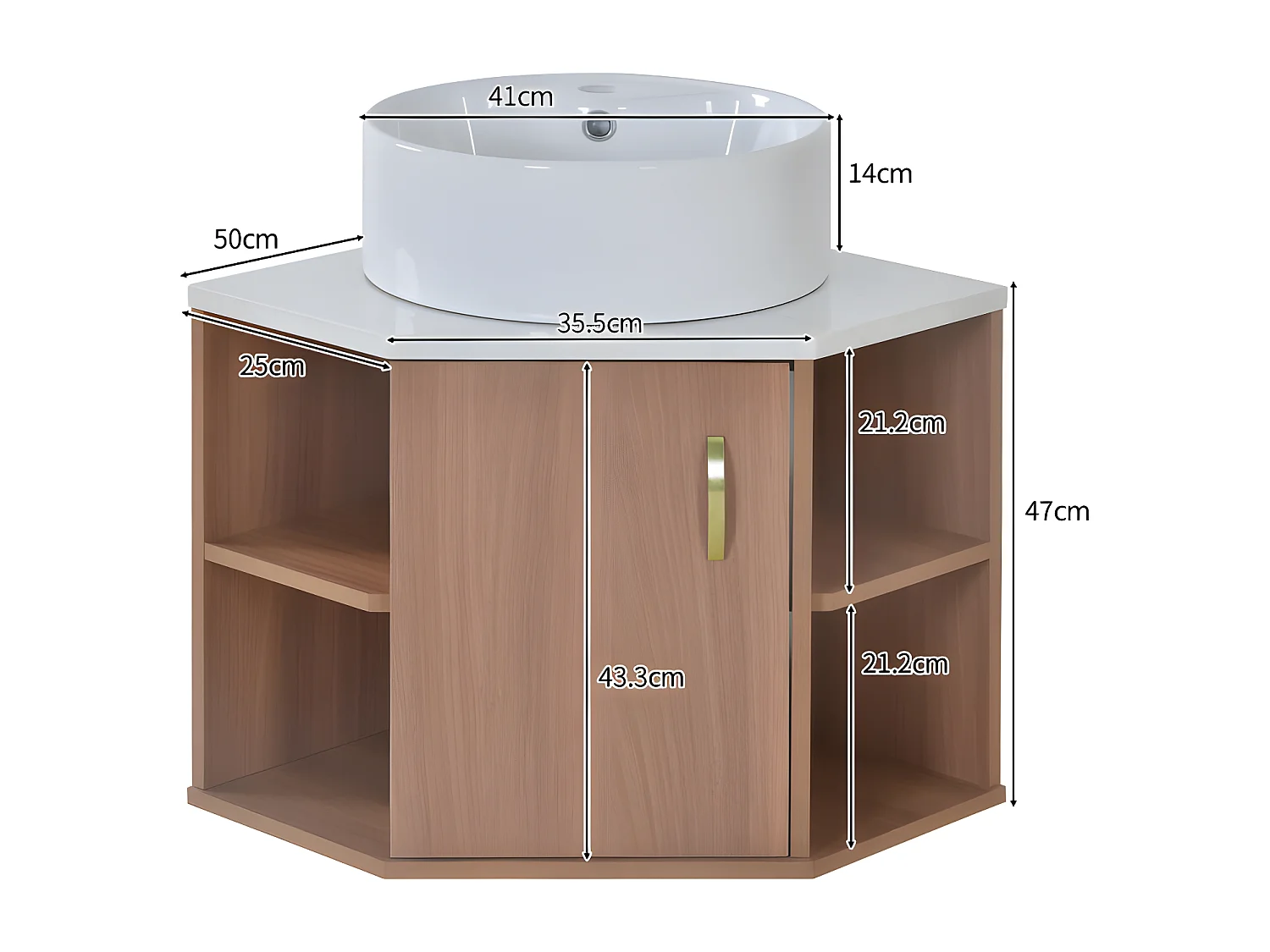 Mobile bagno sospeso con lavabo in ceramica - piani in marmo - Marrone (rubinetto non incluso)