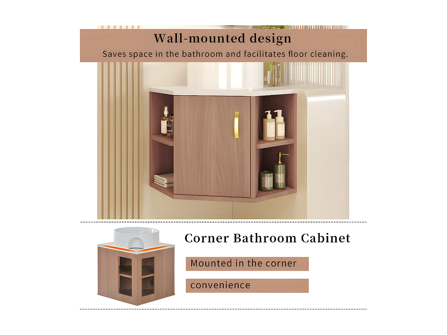 Mobile bagno sospeso con lavabo in ceramica - piani in marmo - Marrone (rubinetto non incluso)
