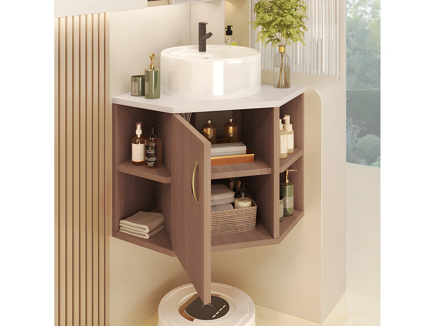 Mobile bagno sospeso con lavabo in ceramica - piani in marmo - Marrone (rubinetto non incluso)
