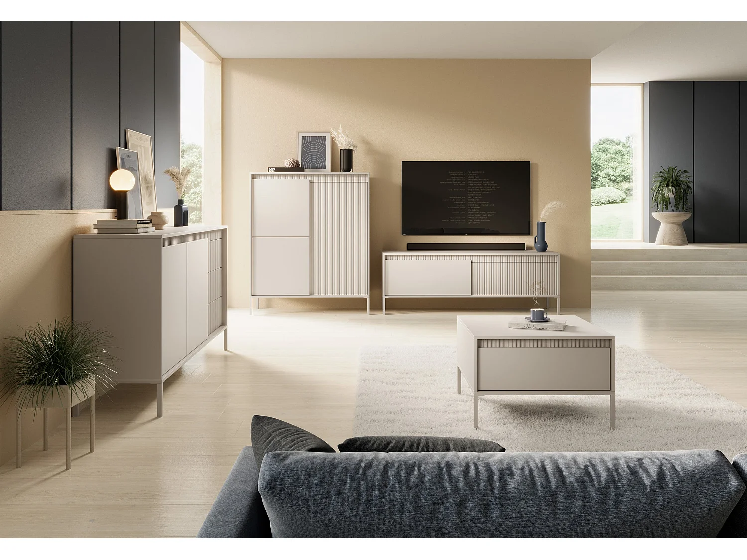 Commode haute à trois portes - 104 cm - avec façade fraisée - beige - FALSETTO