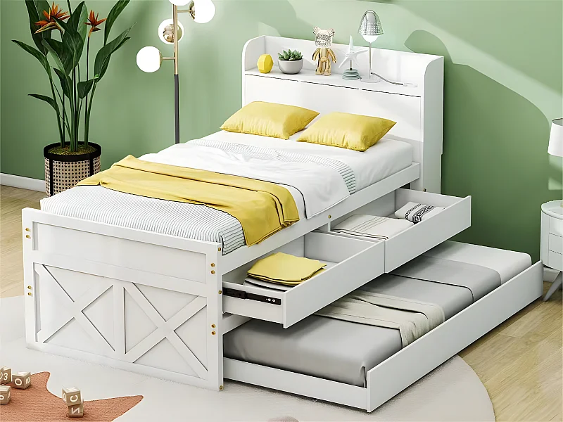 Letto estraibile in legno massello - 90x190 cm - con 2 cassetti e porta di ricarica USB sul ripiano - Bianco