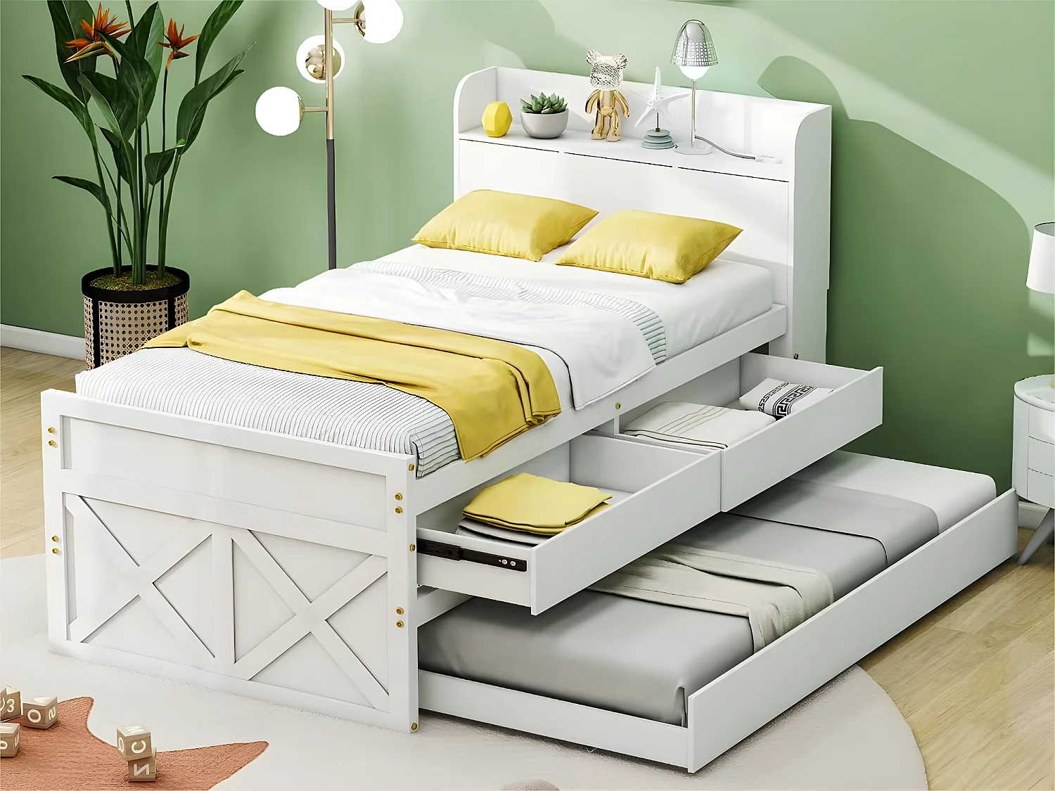 Letto estraibile in legno massello - 90x190 cm - con 2 cassetti e porta di ricarica USB sul ripiano - Bianco