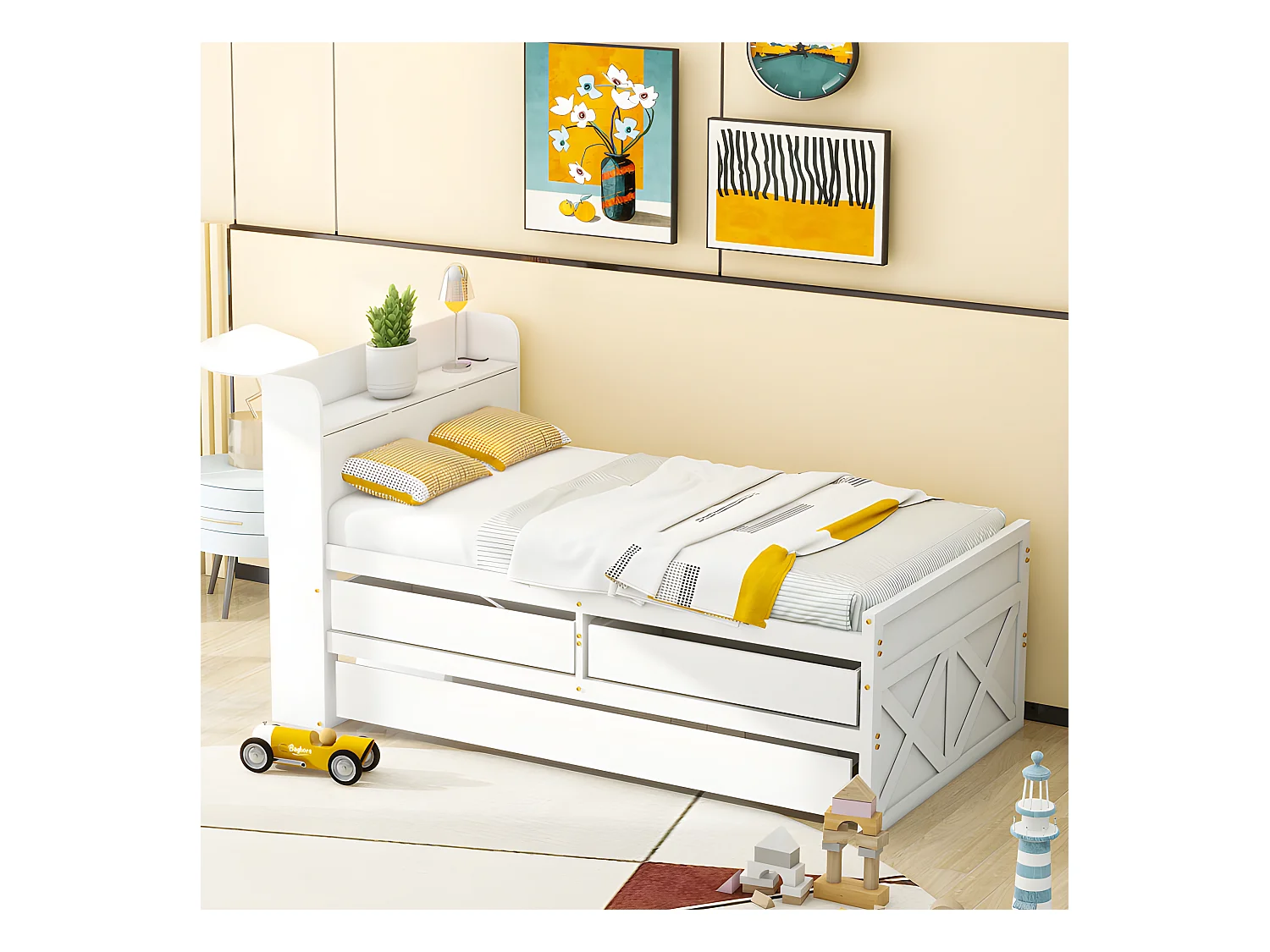 Letto estraibile in legno massello - 90x190 cm - con 2 cassetti e porta di ricarica USB sul ripiano - Bianco