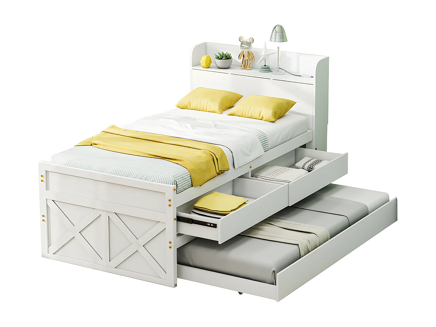 Letto estraibile in legno massello - 90x190 cm - con 2 cassetti e porta di ricarica USB sul ripiano - Bianco