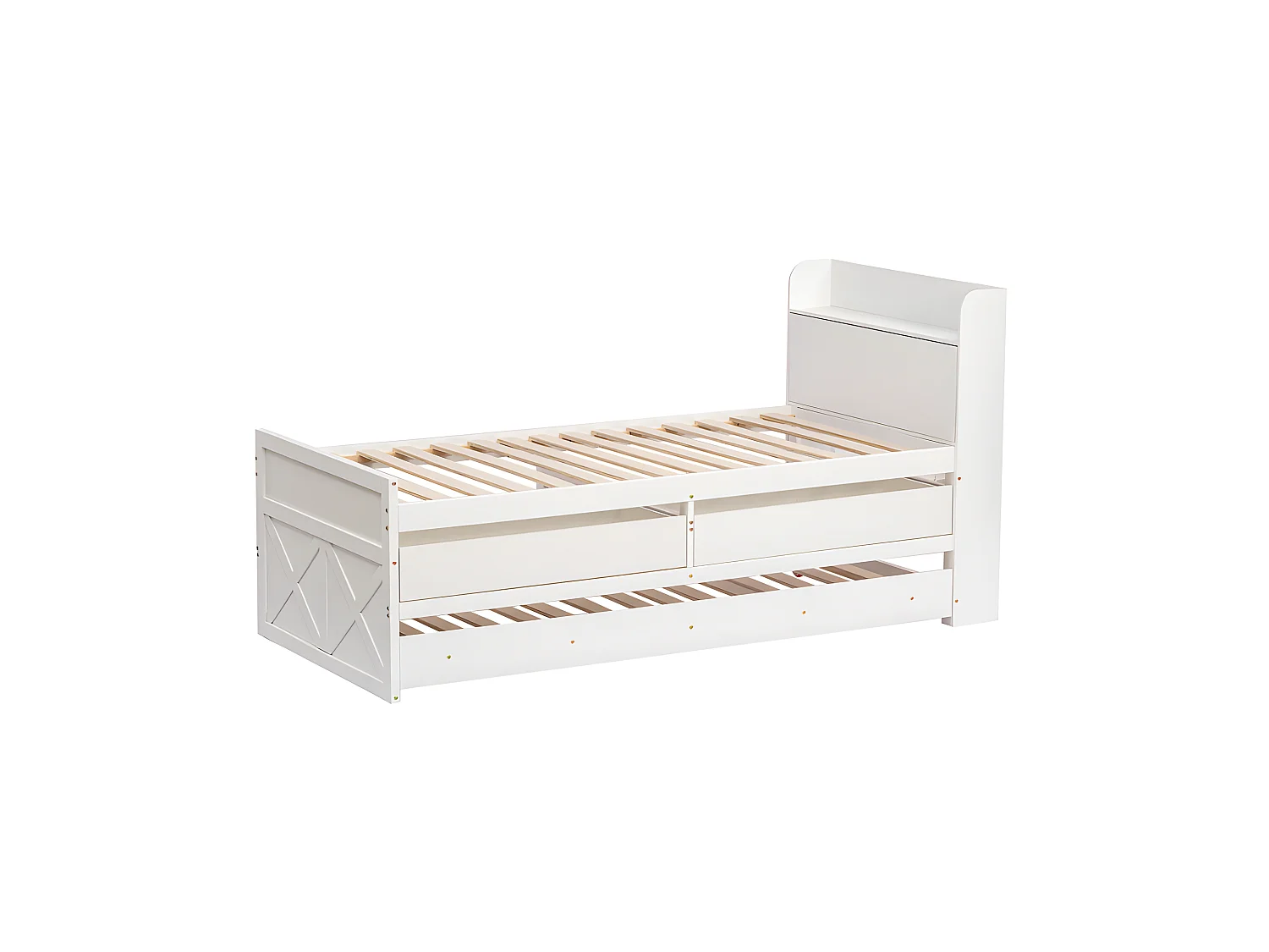 Letto estraibile in legno massello - 90x190 cm - con 2 cassetti e porta di ricarica USB sul ripiano - Bianco